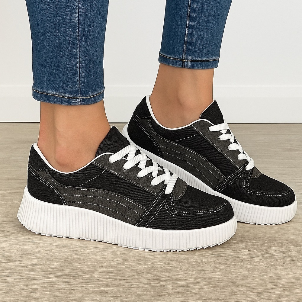 Black Denim Platform Sneakers Women’s New In Box - Picture 2 of 4